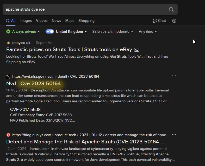 Online search query for apache struts cve rce