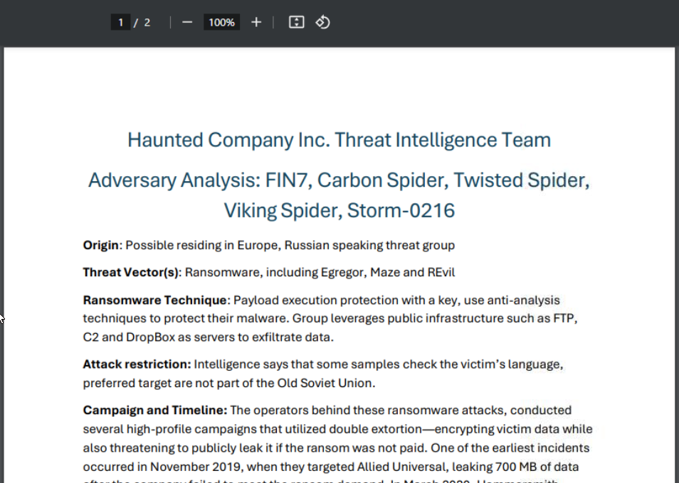 Threat intelligence provided within the lab about FIN7